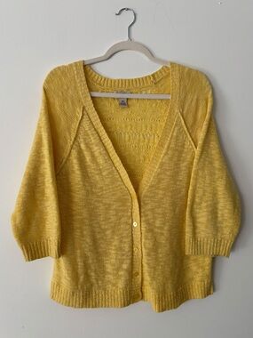 Mudd Womens XL Yellow Pointelle Knit Button Front Cardigan Sweater 3/4 Sleeve
